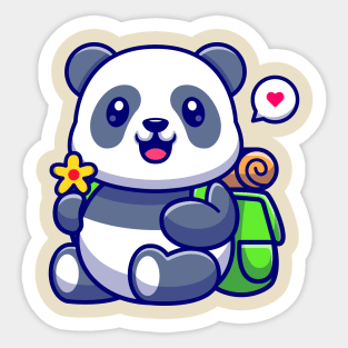 Cute Panda Holding Flower With Backpack Cartoon Sticker